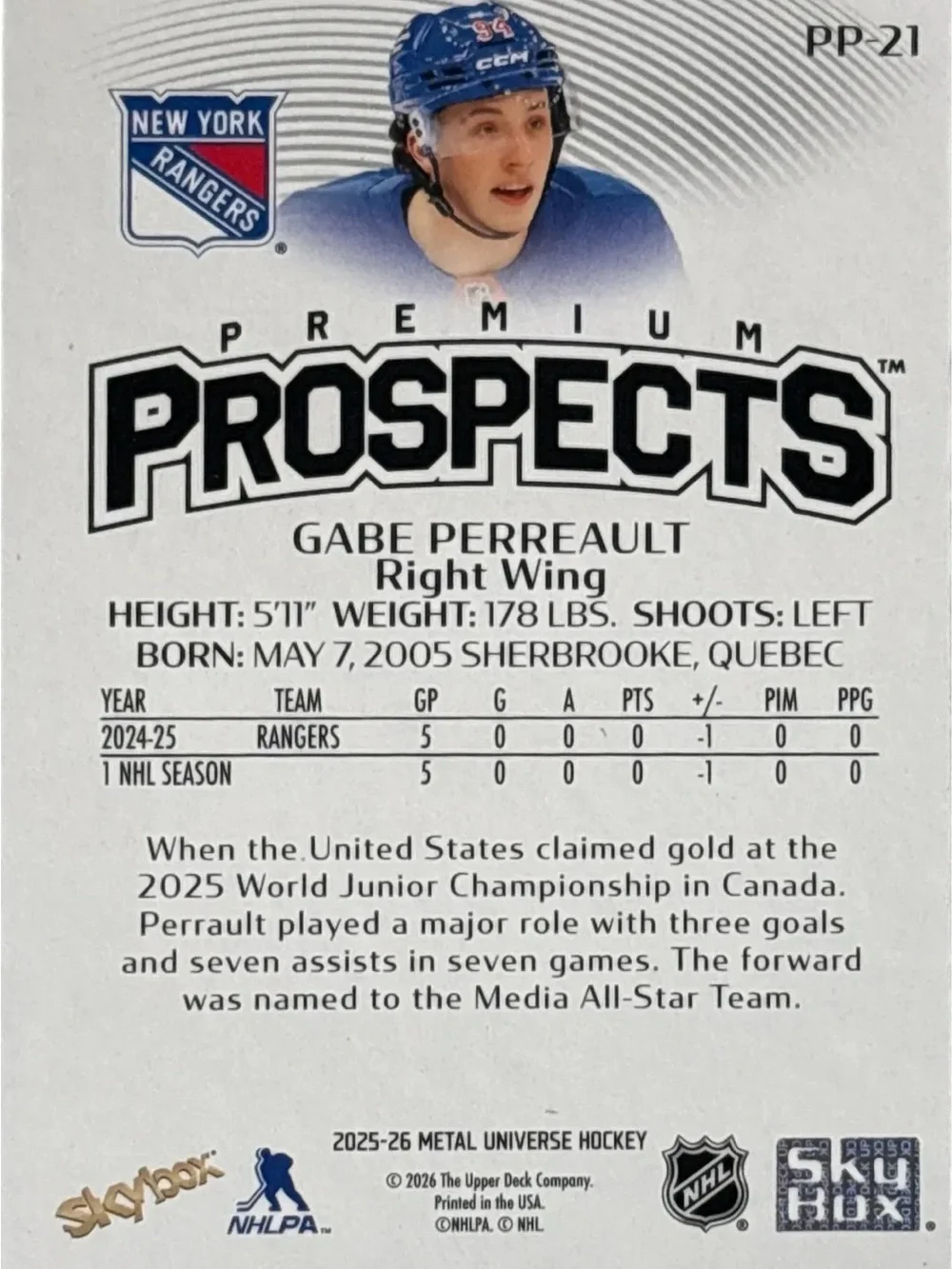 Skybox Gabe Perreault Rookie Trading Card
